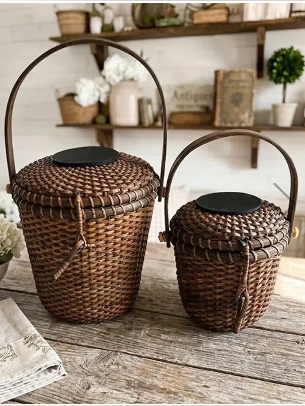 Set of 2 Nantucket Style Baskets - Woven Rattan Basket Tote - Brown Handled Set